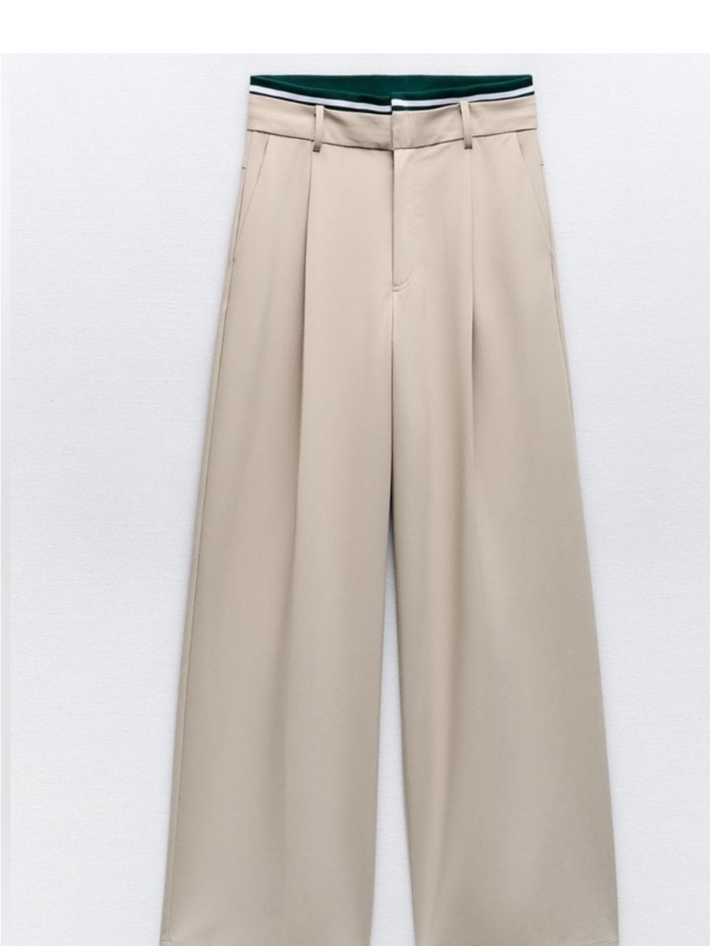 Zara Beige Wide-Leg Pants with Green Contrast Waistband
